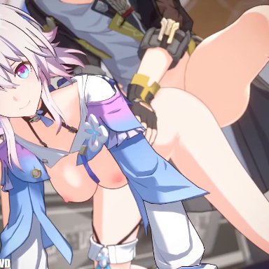 honkai: star rail, hoyoverse, mihoyo, march 7th (honkai: star rail), stelle (honkai: star rail), mellewd, pixiewillow, volkor, 1boy, 1girls, arm support, belly, bent over, big breasts, bottomless