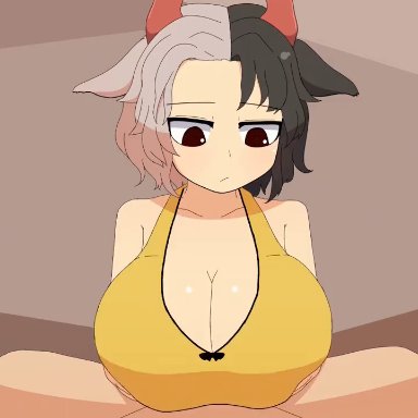 touhou, urumi ushizaki, camp of hunger, 1boy, 1boy1girl, 1girls, animal ears, boobjob, cleavage, cow girl, cum, cum on breasts, cumshot, engulfing paizuri, expressionless