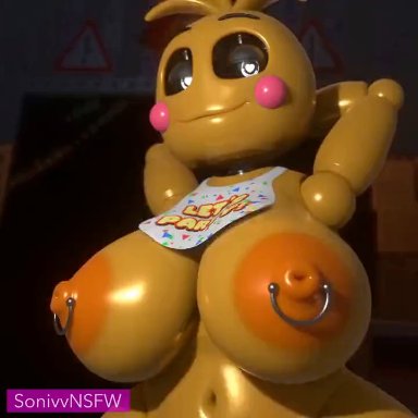 five nights at freddy's, five nights at freddy's 2, toy chica (fnaf), toy chica (love taste), sonivvnsfw, 1girls, animatronic, arms behind back, arms behind head, bib, big breasts, blush, bouncing breasts, breasts, female