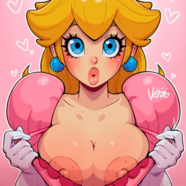 mario (series), princess peach, vero, areola slip, blonde hair, blue eyes, blue gemstone, blush, breasts, brooch, cleavage, clothes pull, collarbone, crown, dick sucking lips