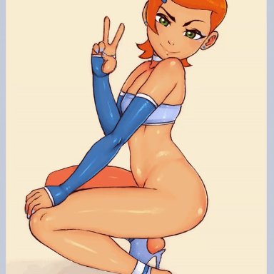 ben 10, cartoon network, gwen tennyson, randomboobguy, armwear, ass, athletic, athletic female, bare shoulders, bottomless, breasts, bubble butt, choker, earrings, erect nipples