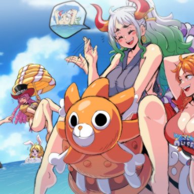 one piece, carrot (one piece), minkmen (one piece), nami, perona, thousand sunny, ulti (one piece), yamato (one piece), lewdamone, 5girls, anthro, ass, beach, beach ball, big breasts