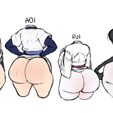 demon slayer, kimetsu no yaiba, enmu, kanzaki aoi (kimetsu no yaiba), rui (kimetsu no yaiba), tsuyuri kanao, blackwhiplash, 2boys, 2girls, ass, back view, big ass, bubble ass, bubble butt, huge ass