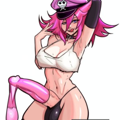final fight, street fighter, poison (final fight), heedraws, 1futa, armpit, arms up, balls, big balls, big breasts, breasts, clothed, clothing, condom, cum