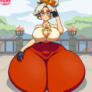 tears of the kingdom, the legend of zelda, purah, ponkypopa, 1girls, big breasts, bottom heavy, breasts, cleavage, clothed, curvy, female, female only, full body, glasses