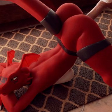 bandai namco, digimon, digimon (species), guilmon, furromantic, 3 fingers, anthro, anthro penetrated, ass, ass up, athletic female, balls, bedframe, bent arm, bent over