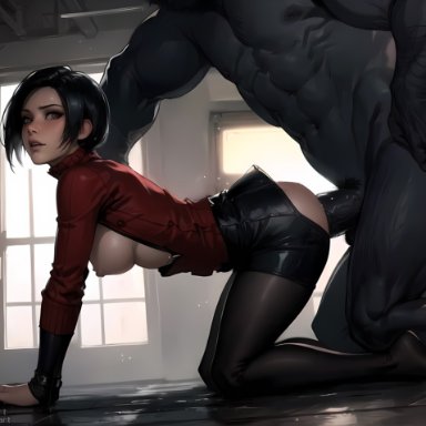 capcom, resident evil, resident evil 2, ada wong, mr x, tyrant, puffyart, 1boy, 1boy1girl, 1girls, all fours, asian, bent over, big penis, black hair