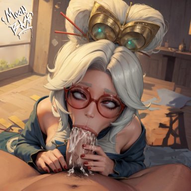 tears of the kingdom, purah, moonbase nsfw, stable diffusion, big breasts, cum, cum in mouth, dick, glasses, red eyes, sucking, unseen male face, white hair, ai generated, realistic