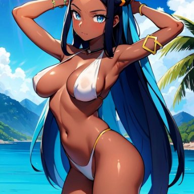 pokemon, nessa (pokemon), pikkiwynn, armlet, armpits, arms up, beach, bikini, black hair, blue eyes, blue hair, blue sky, breasts, cloud, dark-skinned female