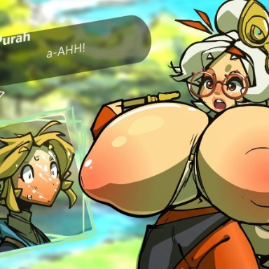 tears of the kingdom, the legend of zelda, link, purah, tail-blazer, 1boy, 1girls, areolae, blush, breasts, breasts bigger than head, breasts out, clothed, female, glasses