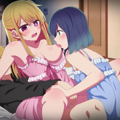 oshi no ko, hoshino aquamarine, hoshino ruby, kurokawa akane, eufoniuz, 1boy, 2girls, bare shoulders, bed, bisexual female, black hoodie, blonde hair, blue eyes, blue hair, blue nightgown