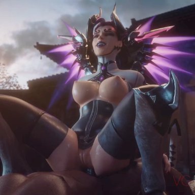 overwatch, imp mercy, mercy, vgerotica, 1boy, 1girls, anal, anal sex, ass, athletic female, big breasts, black hair, bodysuit, bouncing breasts, cowgirl position