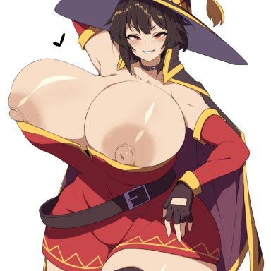 megumin, sinensian, 1girls, aged up, alternate breast size, breasts, brown hair, female, hat, huge breasts, light-skinned female, light skin, massive breasts, naughty face, short hair