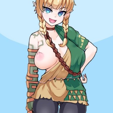 hyrule warriors, nintendo, tears of the kingdom, the legend of zelda, link (cosplay), linkle, ihcaris, 1girls, areolae, body markings, breasts, erect nipples, female, hand on hip, huge breasts