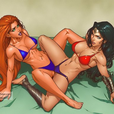 dc, dc comics, diana prince, koriand'r, starfire, tamaranean, wonder woman, supercartoonizer, 2girls, abs, amazon, amazonian, athletic, athletic female, bikini