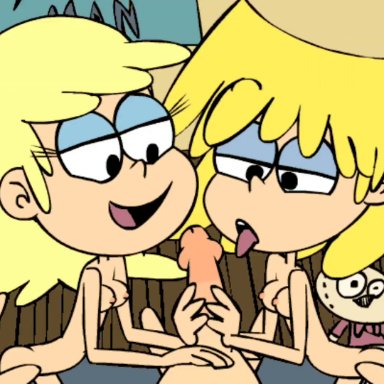 the loud house, leni loud, lincoln loud, lori loud, minus8, 1boy, 2girls, age difference, big sister, blonde female, blonde hair, blowjob, breasts, brother and sister, collaborative fellatio