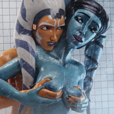 star wars, aayla secura, ahsoka tano, togruta, twi'lek, kocean 3d, 2girls, alien, alien girl, areolae, athletic female, bathroom, belly button, big breasts, blue eyes