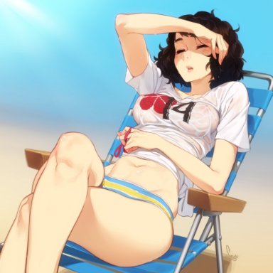 megami tensei, persona, persona 5, sadayo kawakami, feguimel, 1girls, beach, bikini, bikini bottom, bikini top, black eyes, black hair, blush, bottomwear, breasts