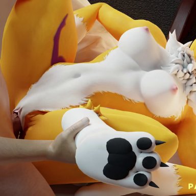 bandai namco, digimon, digimon (species), renamon, foxventus, anthro, anthro penetrated, athletic female, balls deep, big breasts, black sclera, bouncing breasts, breasts, canid, duo