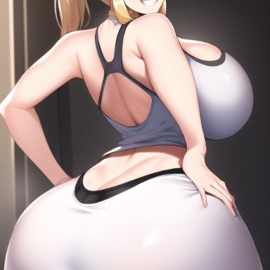 the legend of zelda, princess zelda, nai diffusion, stable diffusion, ass focus, blonde hair, blue eyes, curvaceous, curvy, curvy figure, gigantic ass, gigantic breasts, gym shirt, gym shorts, huge ass