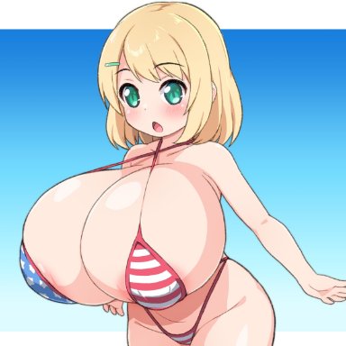 shirogane hakuba, american flag, american flag bikini, barely clothed, barely contained, bikini, blonde hair, blush, breasts bigger than head, green eyes, hourglass figure, huge breasts, shortstack, skindentation, slim waist