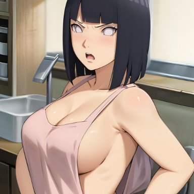 boruto: naruto next generations, naruto, naruto (series), hyuuga hinata, msg ai, 1girls, angry, annoyed, apron, areola, areolae, asian, asian female, big breasts, blue hair