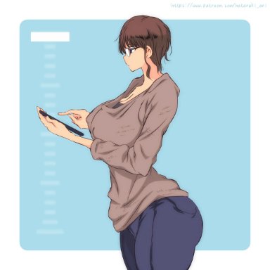 original, oc, original character, hataraki ari, !, ass expansion, ass growth, big ass, big breasts, big butt, bimbofication, breast expansion, breast growth, brown hair, erect nipples