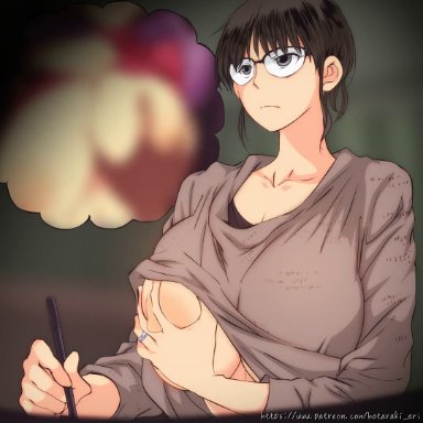 original, oc, original character, hataraki ari, areola, areola slip, areolae, big breasts, black hair, drawing, female, female focus, female only, fully clothed, glasses