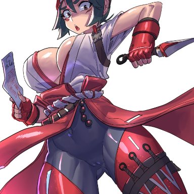 overwatch, kiriko (overwatch), gamjasssak, big breasts, cameltoe, kunai, ofuda, pussy, thick thighs, wide hips