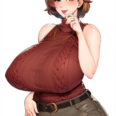 original, kisuu, 1girls, blush, breasts, brown hair, clothing, huge breasts, jeans, lipstick, mature female, milf, nail polish, necklace, plump