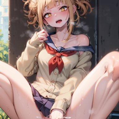 my hero academia, himiko toga, toga himiko, ninerniner, stable diffusion, 1girls, bangs, bare legs, bare shoulders, barefoot, blonde hair, blue sailor collar, blue skirt, blunt bangs, blush