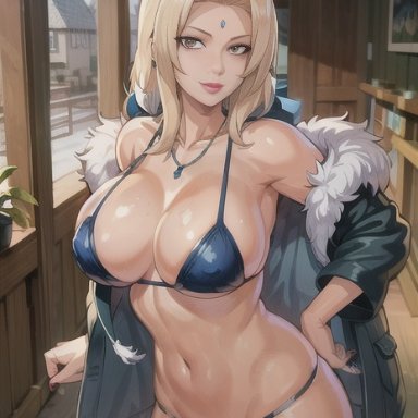 naruto, naruto (series), tsunade, 1girls, belly, bikini, bikini bottom, bikini top, blonde female, blonde hair, breasts, cleavage, cleavage overflow, coat, female