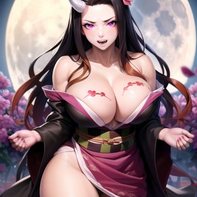 demon slayer, kimetsu no yaiba, kamado nezuko, illumaru, stable diffusion, 1girls, aged up, angry, bare shoulders, big breasts, black hair, body markings, breasts, breasts bigger than head, brown hair