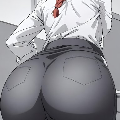 chainsaw man, makima (chainsaw man), 1girls, ass, ass focus, bottom heavy, clothing, female, huge ass, red hair, solo, squatting, wide hips, ai generated