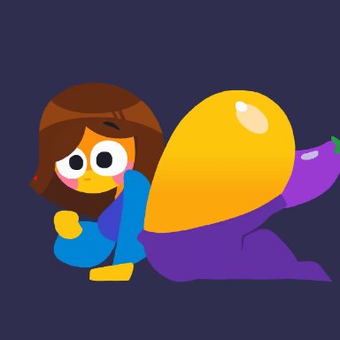 emoji (race), jjoyplus, all fours, ass, blue shirt, brown hair, eggplant, eggplant emoji, heart, huge ass, lineless art, object insertion, purple pants, yellow body, yellow skin