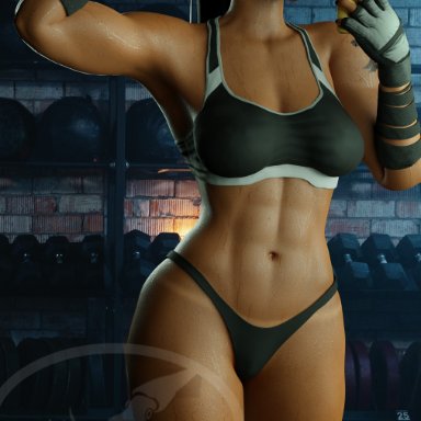 blizzard entertainment, overwatch, overwatch 2, fareeha amari, pharah, squidmelon, abdomen, abdominals, abs, armpit, armpits, belly button, big breasts, black bra, black hair