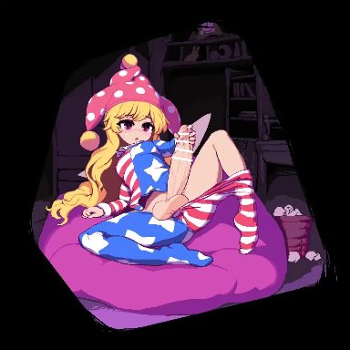 touhou, clownpiece, namako (takorin), takorin, 1futa, american flag, american flag legwear, american flag shirt, arm support, balls, big balls, blonde hair, blush, breasts, clothed