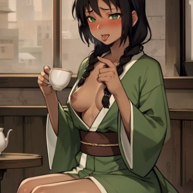 avatar the last airbender, jin (avatar), airest, stable diffusion, 1girls, alcohol, black hair, blush, braids, cup, cup of tea, dark-skinned female, dark skin, drinking tea, drunk