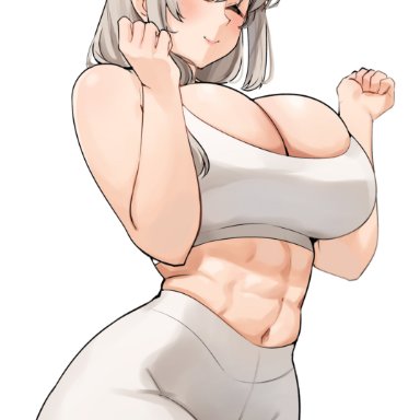 uzaki-chan wa asobitai!, uzaki tsuki, cromwellb, 1girls, abs, big breasts, blush, bottomwear, breasts, cleavage, closed eyes, female, female only, grey hair, hair