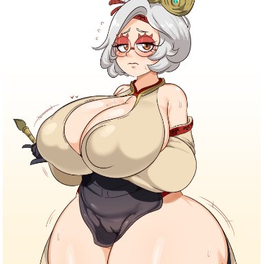 nintendo, tears of the kingdom, the legend of zelda, purah, startop, 1girls, blush, breasts, female, glasses, huge breasts, large breasts, light-skinned female, light skin, red eyes