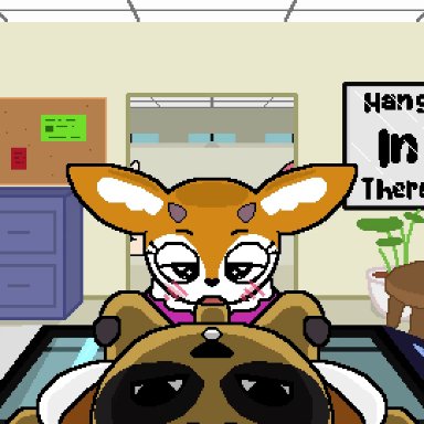 aggressive retsuko, chief komiya, tsunoda, shoestrang, about to cum, assertive female, being watched, blowjob, blush, casual, casual sex, detailed background, dominant female, eyes rolling back, femdom