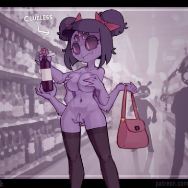undertale, muffet, nekuzx, 5 eyes, 6 arms, arachnid, black legwear, black stockings, black thighhighs, clueless, completely nude, exhibitionism, female, grocery store, hand covering pussy