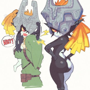 the legend of zelda, twilight princess, imp midna, link, midna, inkuusan, 1boy, 1girls, annoyed, ass, carrying, carrying partner, clothed male nude female, completely nude, completely nude female