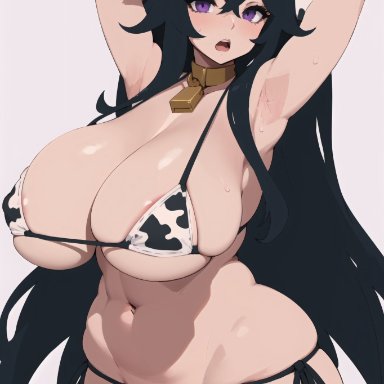 nintendo, pokemon, hex maniac, schneed64, stable diffusion, 1girls, cow bikini, curvaceous, curvy body, curvy female, female, female focus, female only, huge breasts, long hair