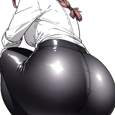 chainsaw man, makima (chainsaw man), 1girls, ass, ass focus, bottom heavy, clothing, huge ass, pants, red hair, solo, squatting, tight fit, ai generated