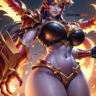 league of legends, shyvana, kw0337, stable diffusion, big breasts, curvy, female, standing, voluptuous, ai generated