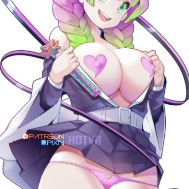 demon slayer, kimetsu no yaiba, kanroji mitsuri, hotvr, 1girls, breasts, female, green eyes, green hair, heart-shaped pasties, hips, huge breasts, light-skinned female, light skin, panties