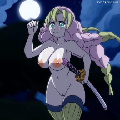 demon slayer, kimetsu no yaiba, kanroji mitsuri, twistedgrim, areolae, big breasts, blue eyes, breasts, demonios, katana, long hair, multicolored hair, nude, pussy, running