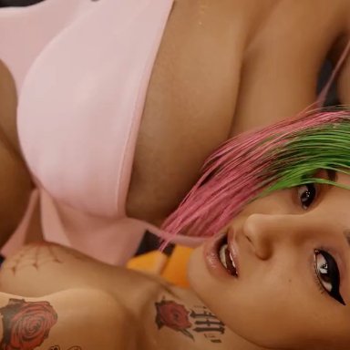 cyberpunk 2077, judy alvarez, panam palmer, vreya3d, 2girls, breast grab, breasts, duo, female, female only, gigantic breasts, hanging breasts, huge breasts, human, yuri