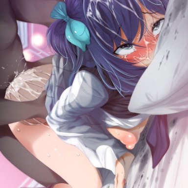 oshi no ko, kurokawa akane, fumihiko (fu mihi ko), fumihiko (pixiv2658856), 1boy, ahe gao, bed, blue hair, blush, breasts, cum, cum on ass, cum on hair, dark-skinned male, dark skin